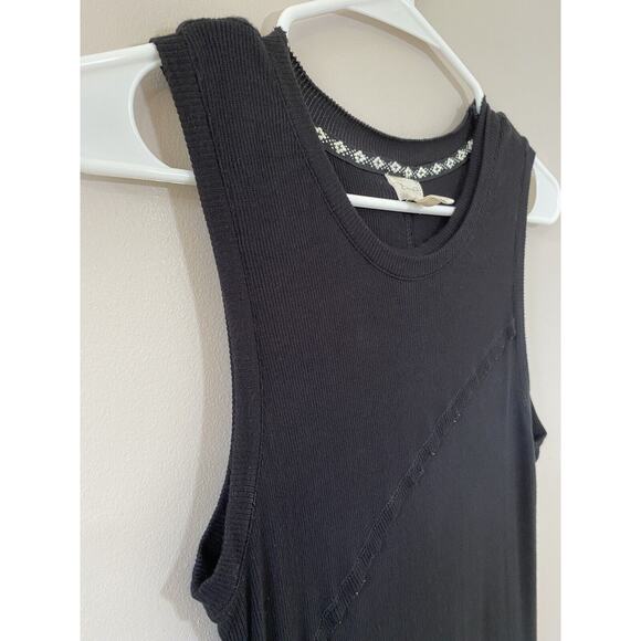 Greige Ribbed Minimalist Black Sleeveless Midi Dress Raw Edge Diagonal Hem LARGE - Picture 2 of 12
